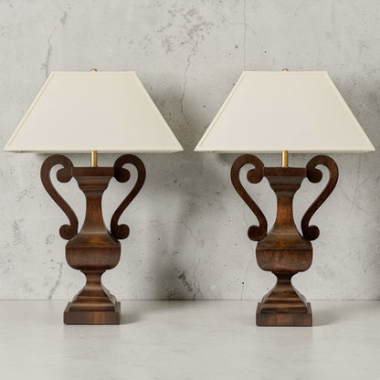 Pair of French Carved Wood Urn-Form Table Lamps, circa 1960