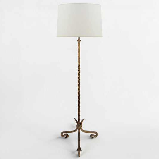 Twisted Gilt Iron Standing Lamp on Tripod Base