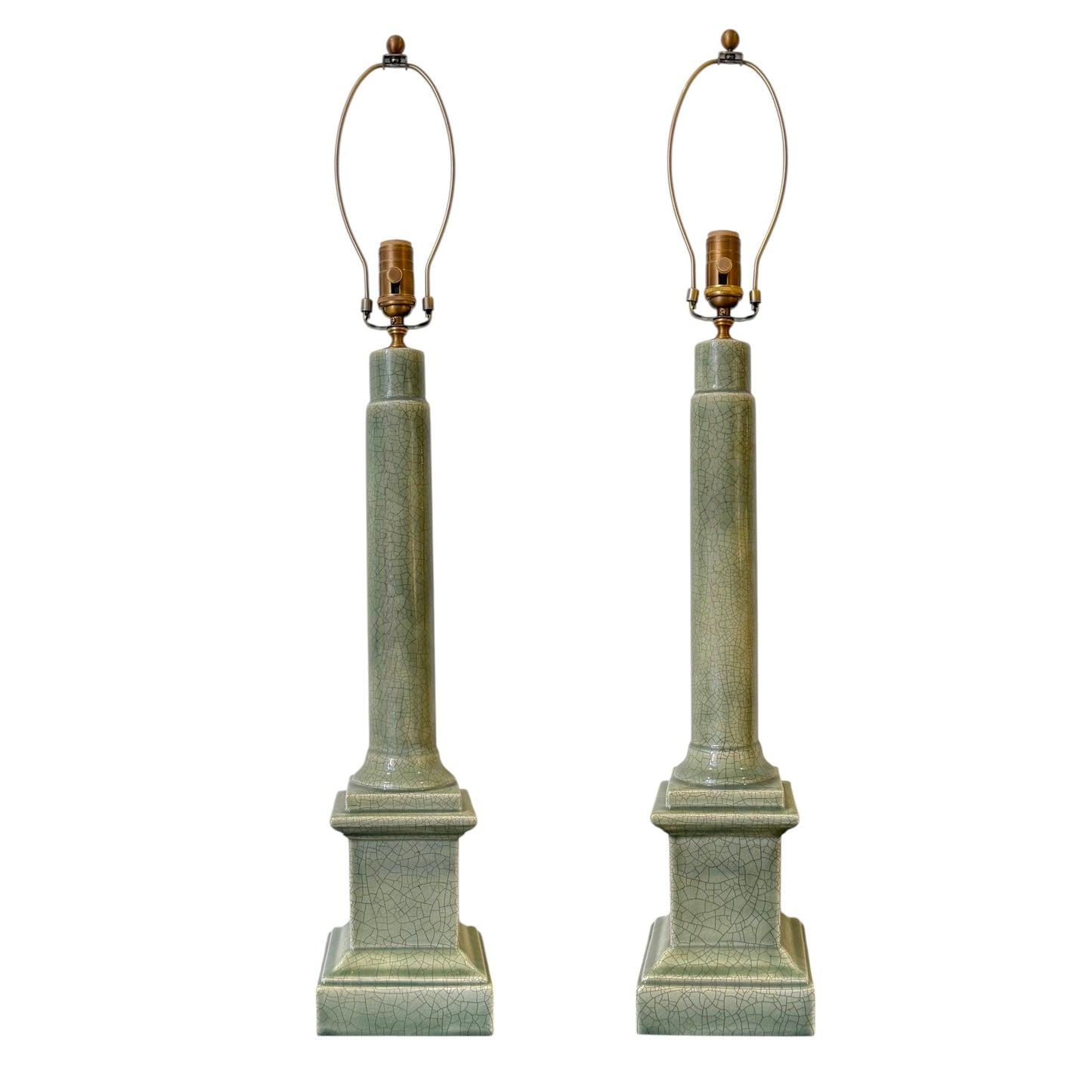 Pair of Green Ceramic Column Lamps
