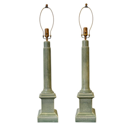 Pair of Green Ceramic Column Lamps