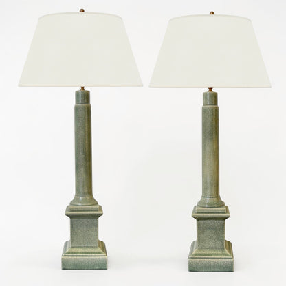 Pair of Green Ceramic Column Lamps