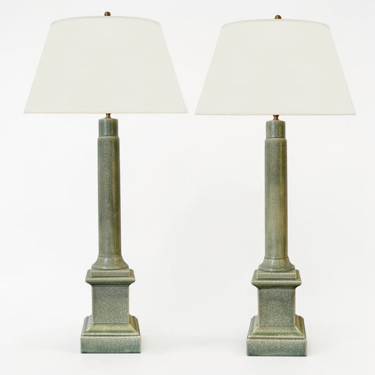 Pair of Green Ceramic Column Lamps