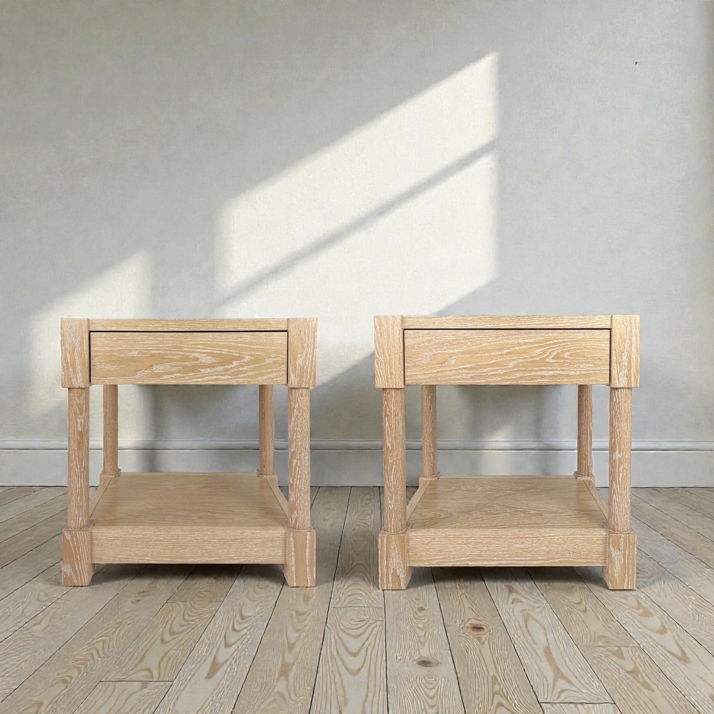 Pair of Cerused Oak & Travertine Nightstands