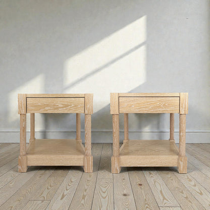 Pair of Cerused Oak & Travertine Nightstands