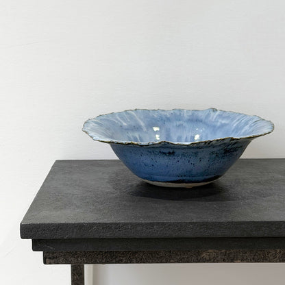 Blue Stoneware Bowl with Ruffled Rim