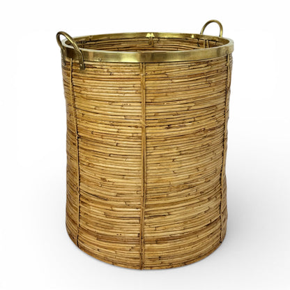 Large Rattan and Brass Basket