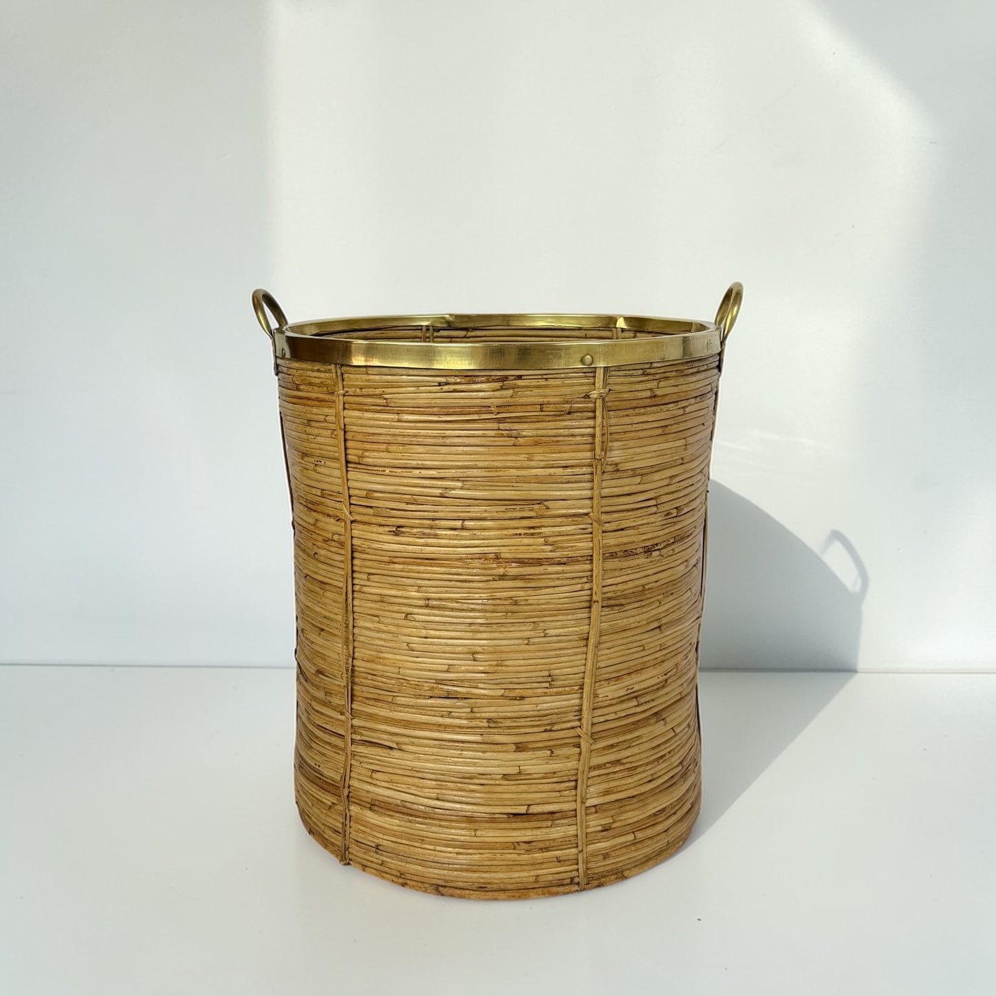 Large Rattan and Brass Basket