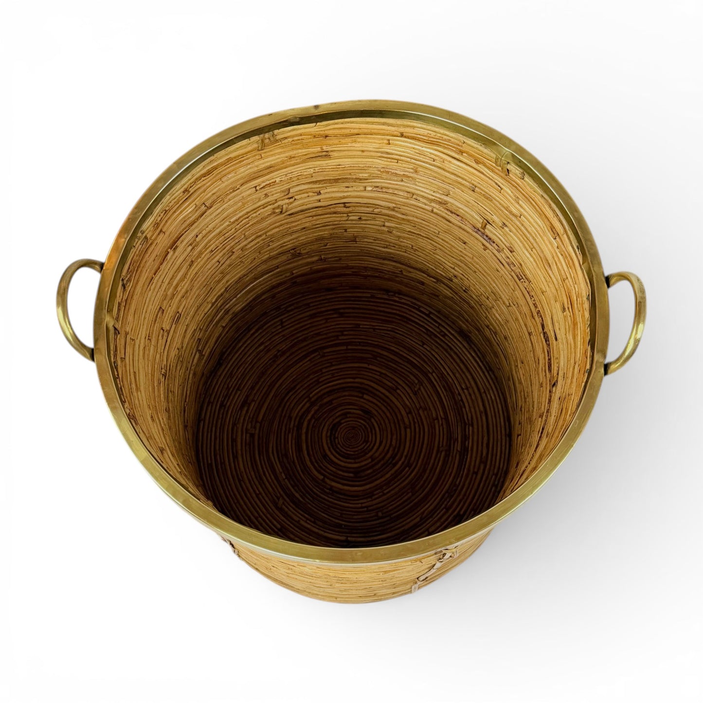 Large Rattan and Brass Basket