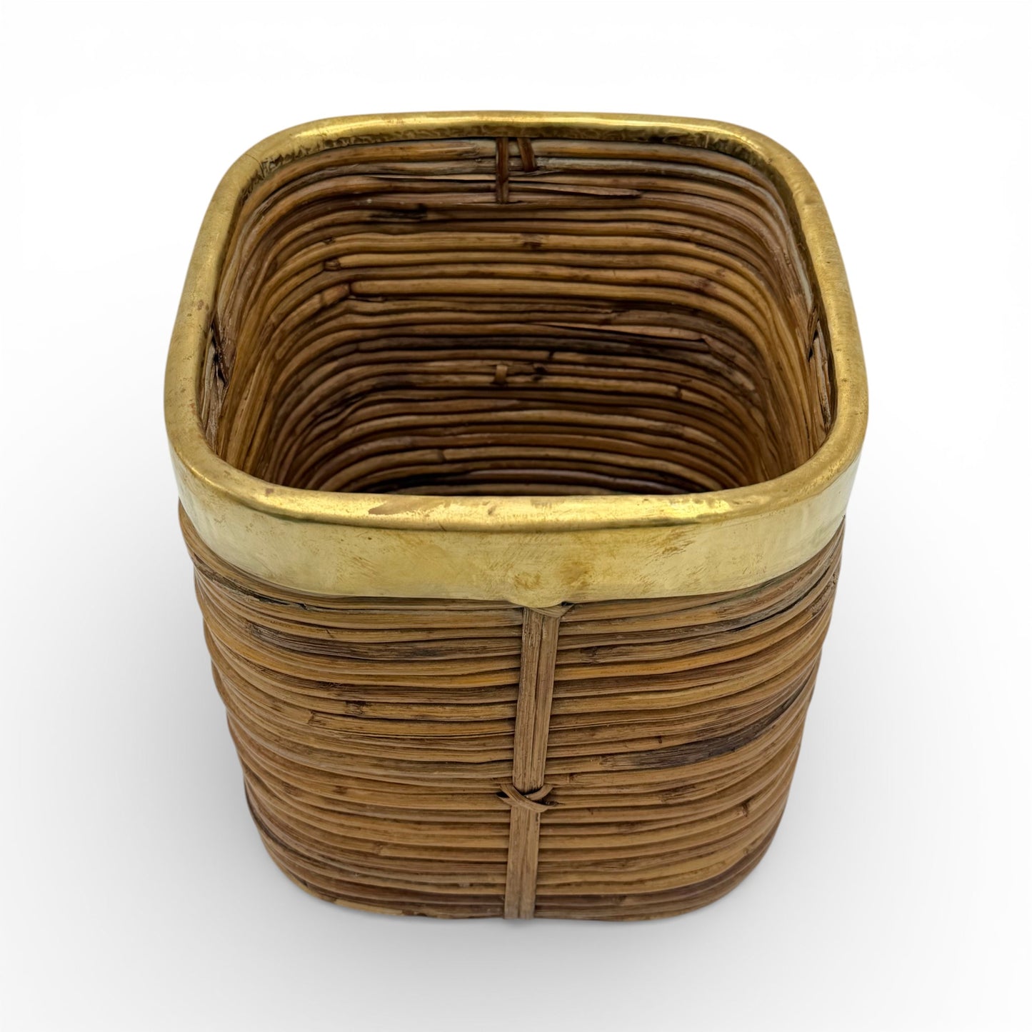 Small Pencil Reed Waste Basket with Brass