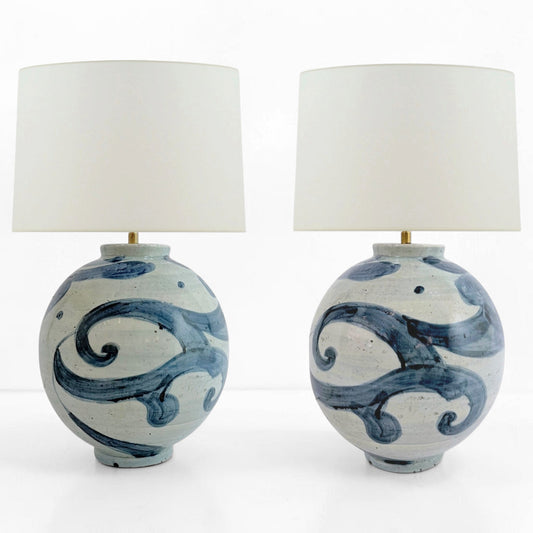 Large Pair of Blue and White Table Lamps