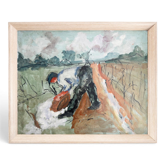 French Oil Painting of Farmer Planting Crops