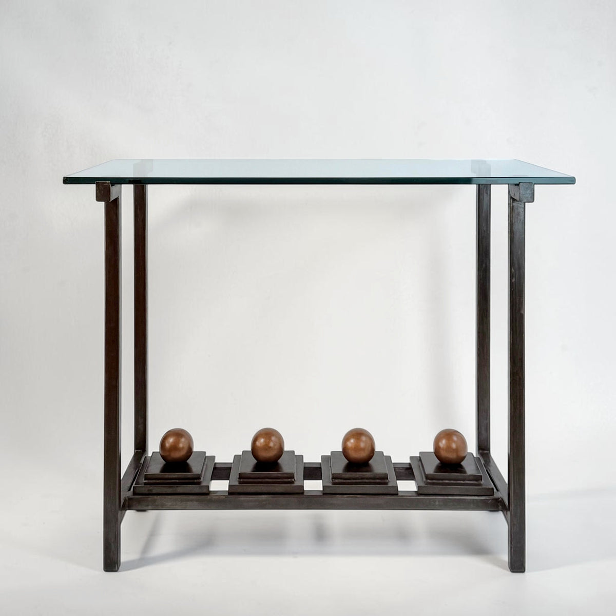 Iron and Glass Console Table with Bronze Sphere Accents