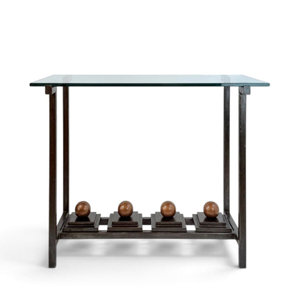 Iron and Glass Console Table with Bronze Sphere Accents