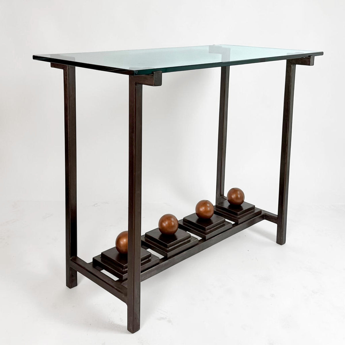 Iron and Glass Console Table with Bronze Sphere Accents