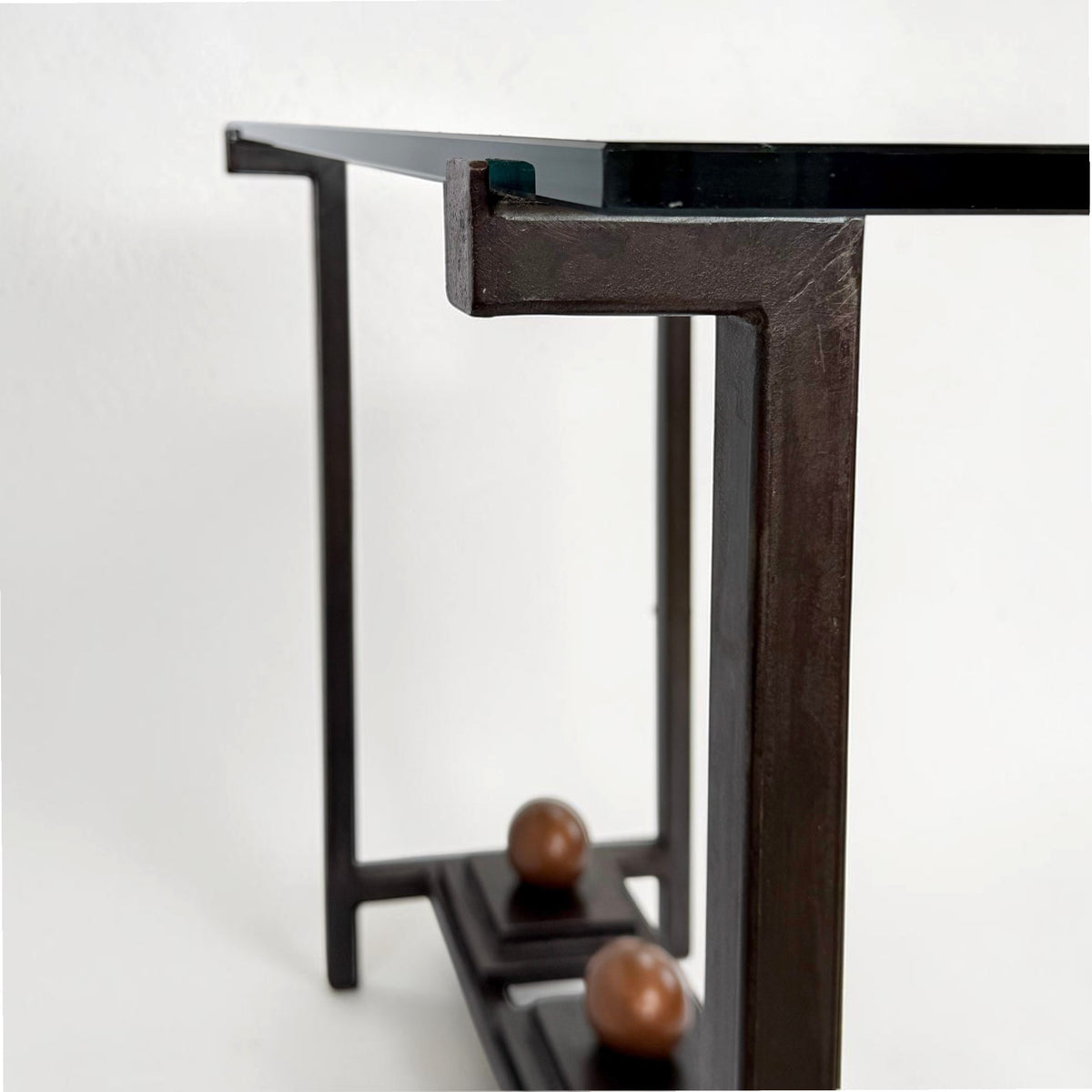 Iron and Glass Console Table with Bronze Sphere Accents