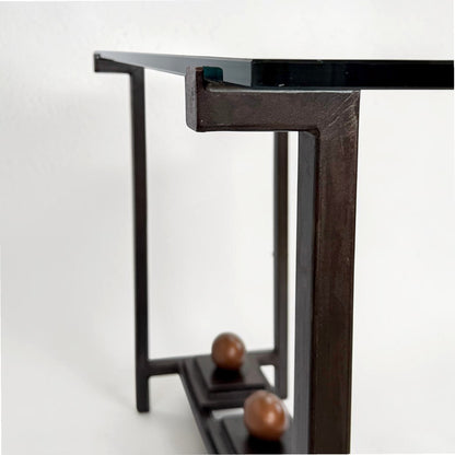 Iron and Glass Console Table with Bronze Sphere Accents