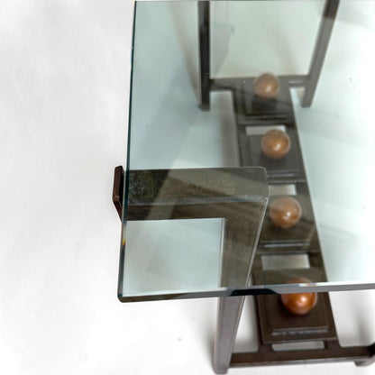 Iron and Glass Console Table with Bronze Sphere Accents