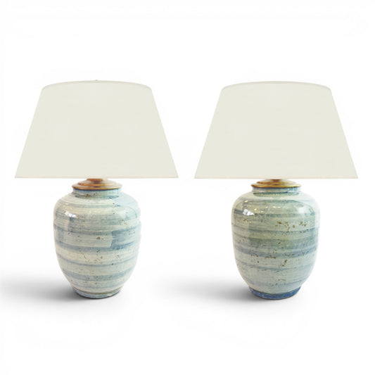 Pair of Light Blue Strie Ceramic Table Lamps