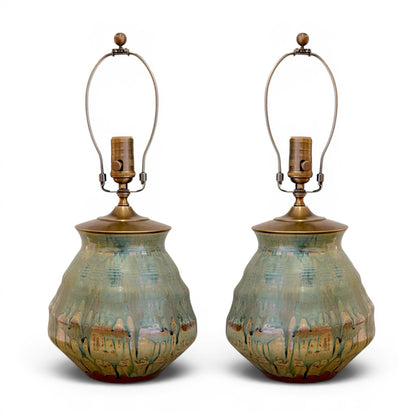 Pair of Green Drip Glazed Table Lamps