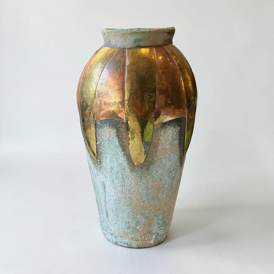 Stoneware Vase with Applied Copper and Brass Collar