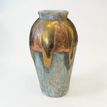 Stoneware Vase with Applied Copper and Brass Collar