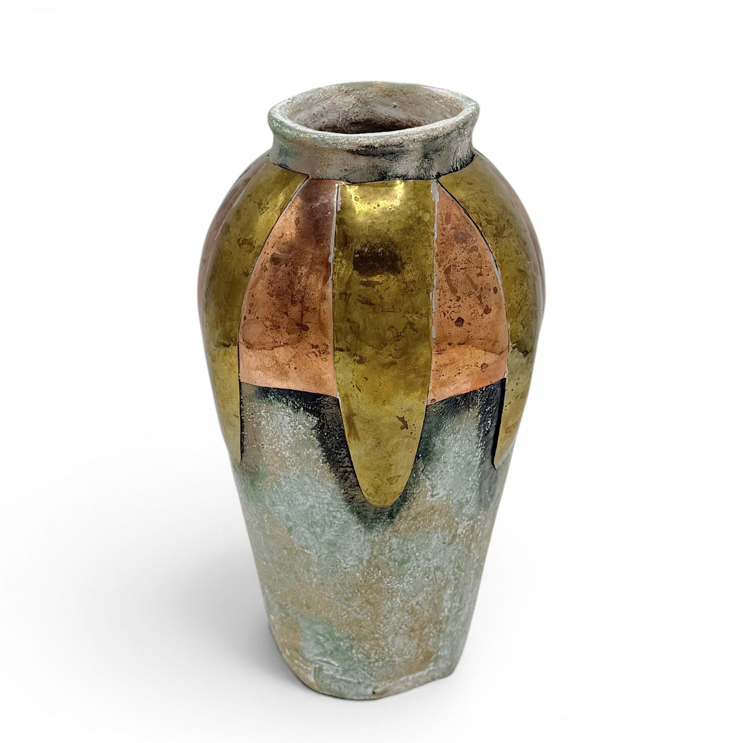 Stoneware Vase with Applied Copper and Brass Collar