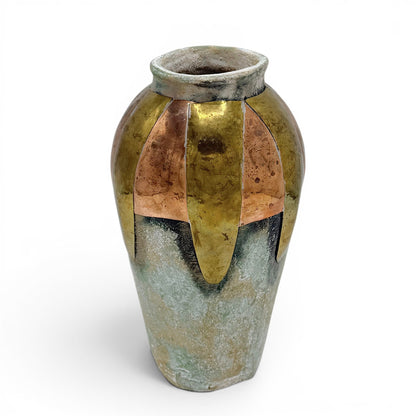 Stoneware Vase with Applied Copper and Brass Collar