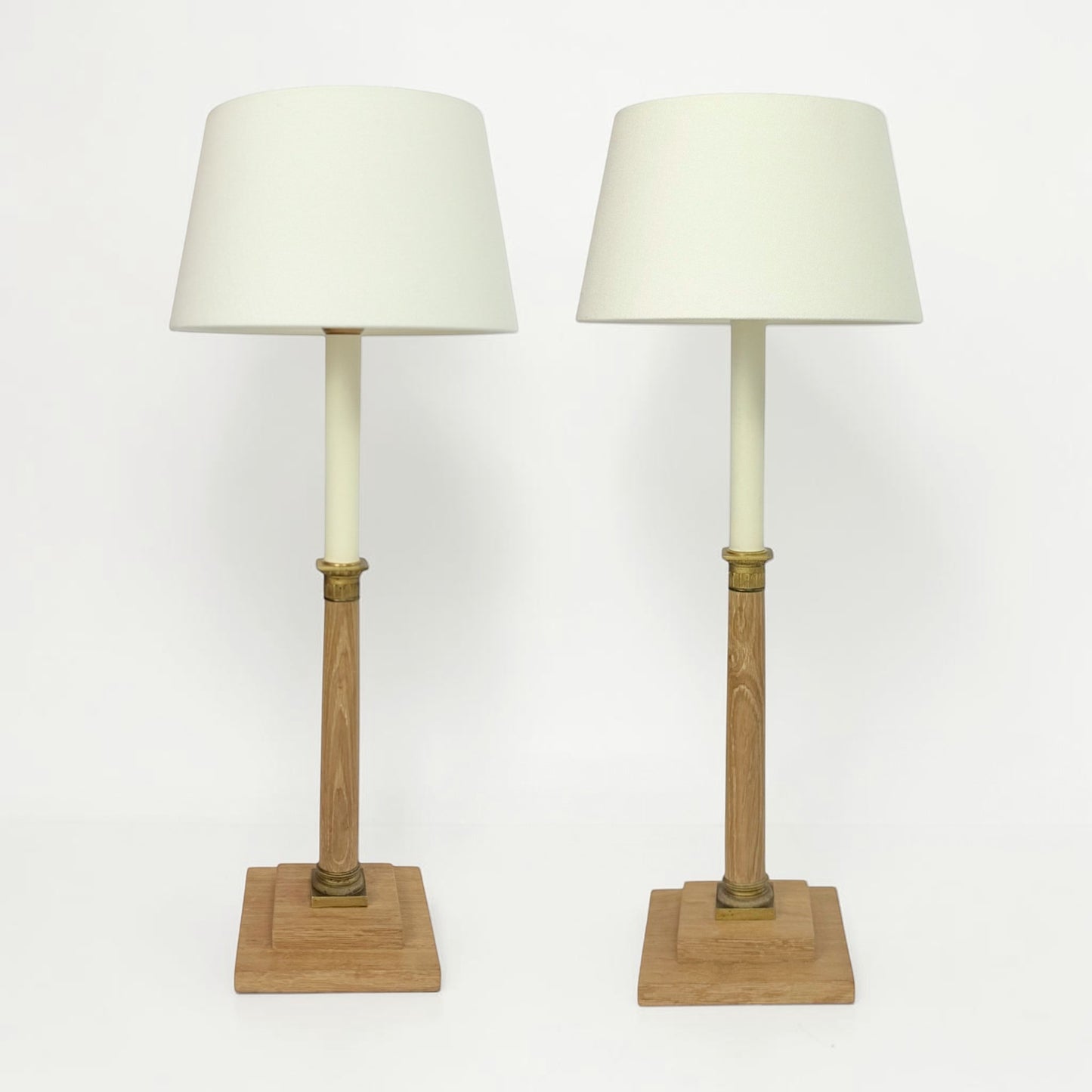 Pair of Oak Candlestick Lamps with Shades
