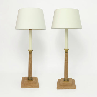 Pair of Oak Candlestick Lamps with Shades