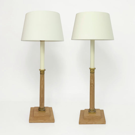 Pair of Oak Candlestick Lamps with Shades