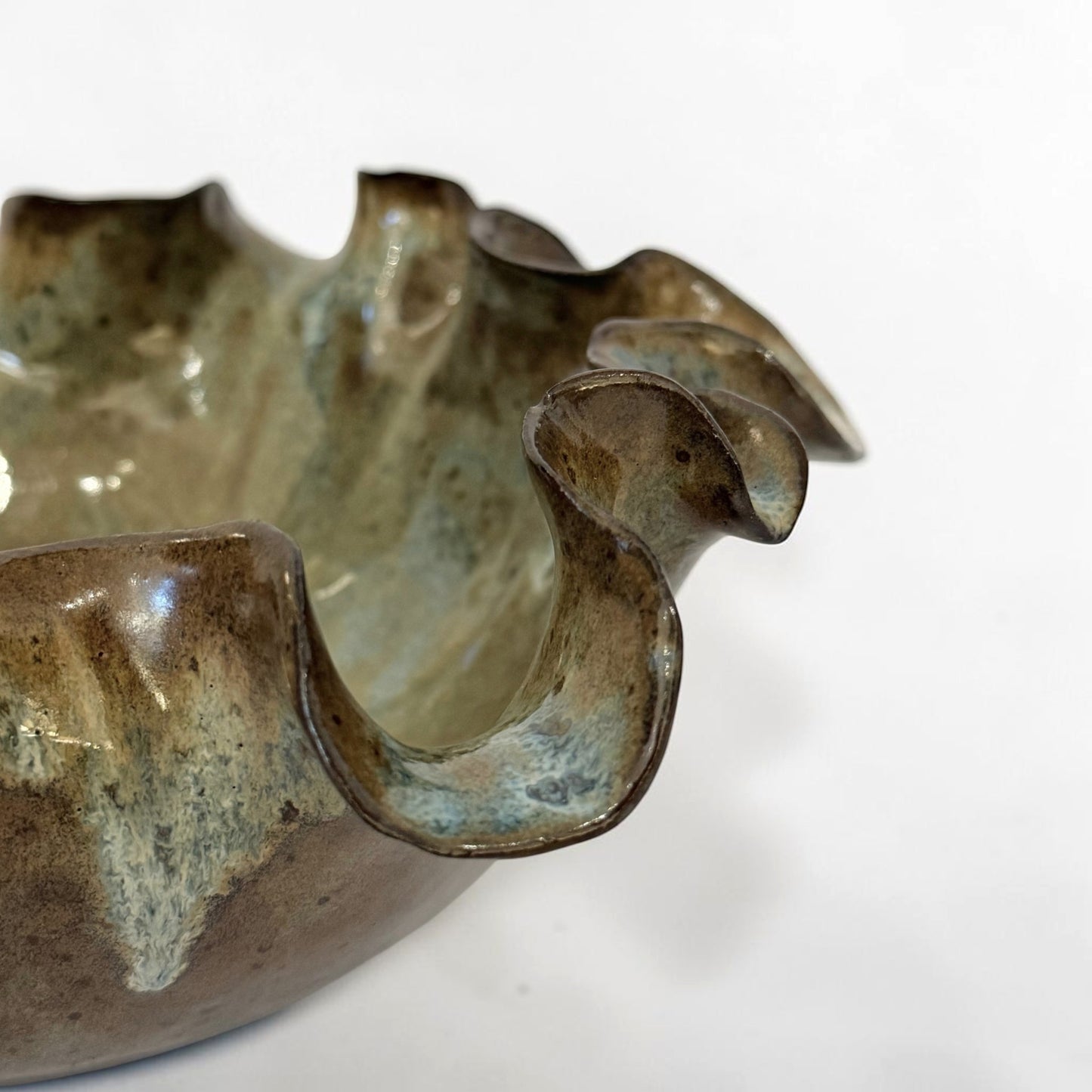 Handmade Art Pottery Bowl with Ruffled Rim