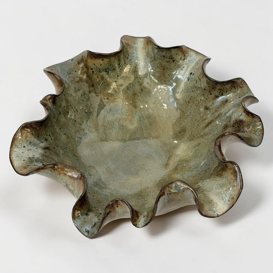 Handmade Art Pottery Bowl with Ruffled Rim