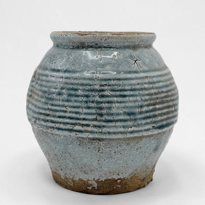 Rustic Ribbed Blue Stoneware Vase, Medium