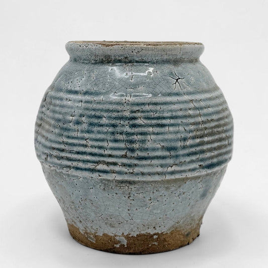 Rustic Ribbed Blue Stoneware Vase, Medium