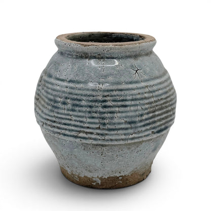 Rustic Ribbed Blue Stoneware Vase, Medium