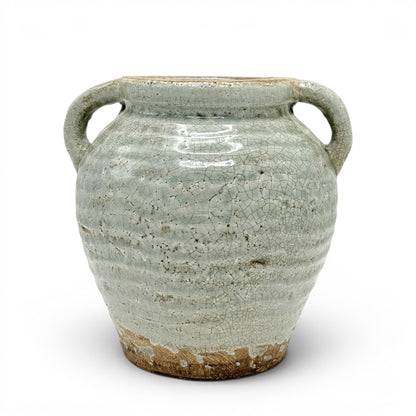 Rustic Light Blue Stoneware Vase with Handles, Med