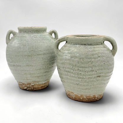 Rustic Light Blue Stoneware Vase with Handles, Med