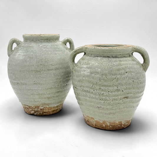 Rustic Light Blue Stoneware Vase with Handles, Med