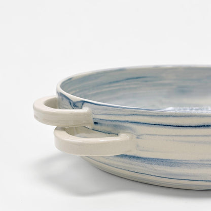 Blue and Beige Double Handled Ceramic Bowl
