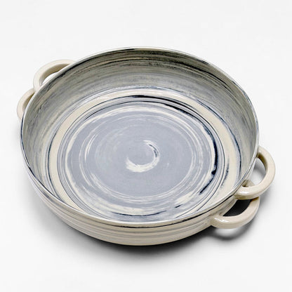 Blue and Beige Double Handled Ceramic Bowl