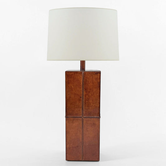 Stitched Cognac Leather Column Table Lamp