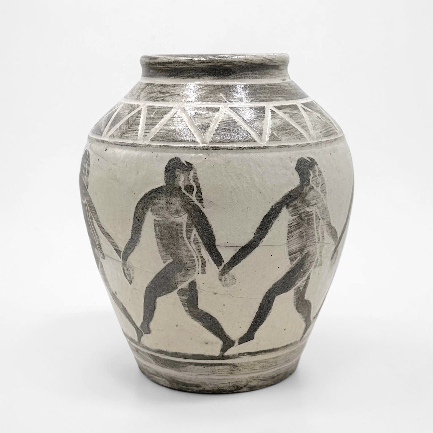 Vintage French Studio Vase with Hand-Painted Figural Frieze