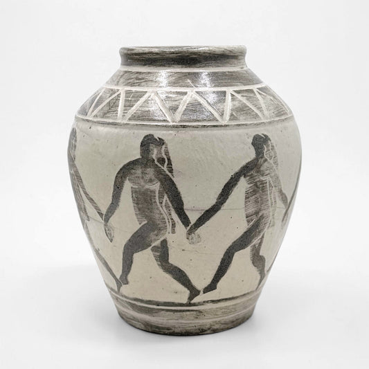 Vintage French Studio Vase with Hand-Painted Figural Frieze