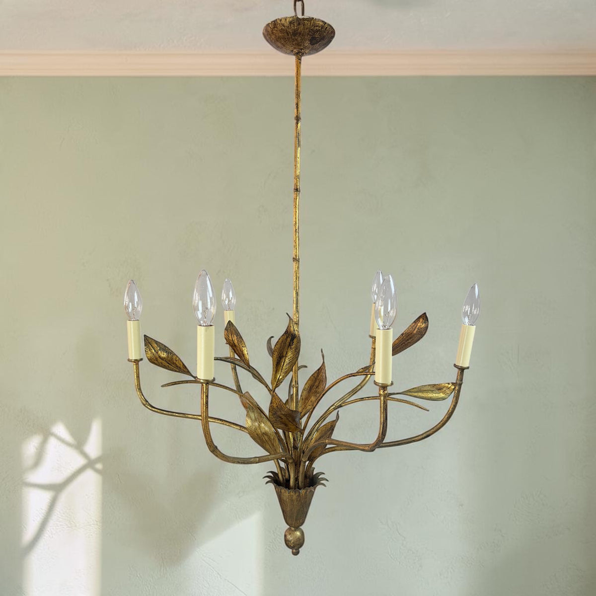 Mid Century Gilt Iron Foliate Chandelier