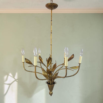 Mid Century Gilt Iron Foliate Chandelier