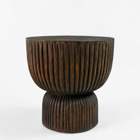 Carved Ribbed Suar Wood Side Table