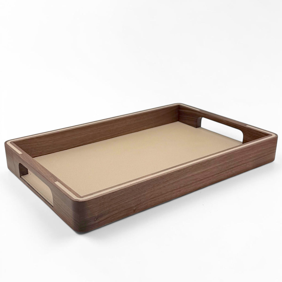 Italian Walnut and Taupe Leather Tray - Med