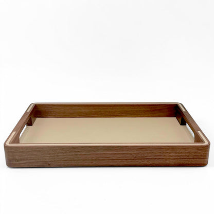 Italian Walnut and Taupe Leather Tray - Med