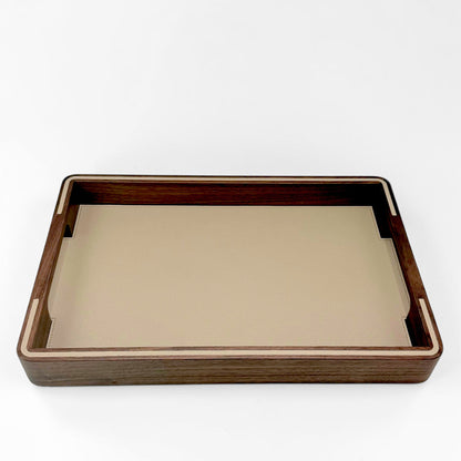 Italian Walnut and Taupe Leather Tray - Med