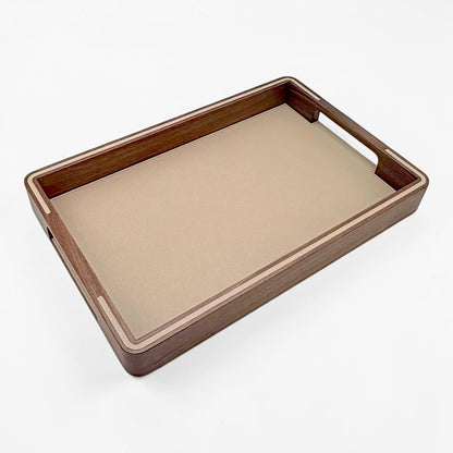 Italian Walnut and Taupe Leather Tray - Med